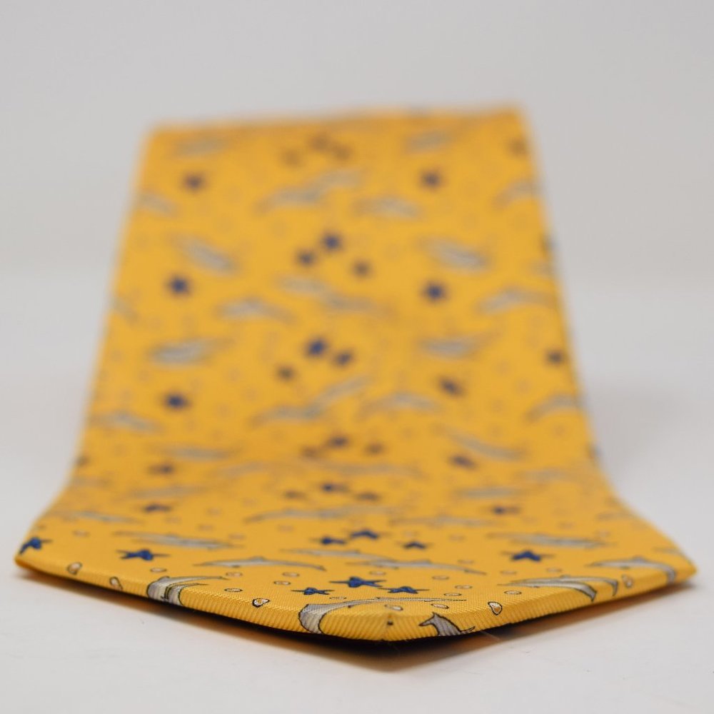 Lancel Paris Necktie Dolphin Starfish Silk Yellow Whimsy Marine Mammal Ocean Fun - Picture 3 of 13